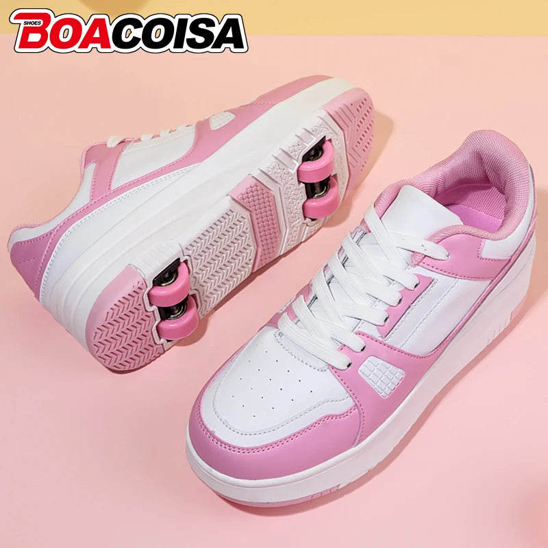 4 Wheel Skate Roller Shoes For Boys Girls Pulleys Sneakers Casual Outdoor Sports Slide Shrink School Students Walking Shoes