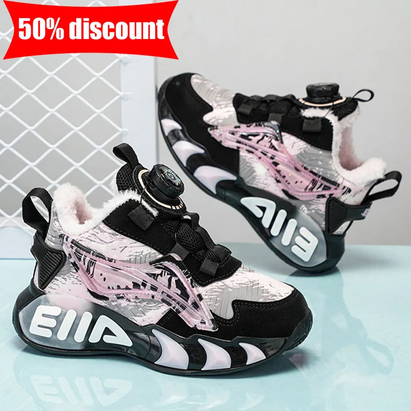 Childrens Sneakers Low Top Thick Sole Fashion Leather Warm Comfortable Soft Cotton Shoes Winter Outdoor Non Slip Walking Shoes